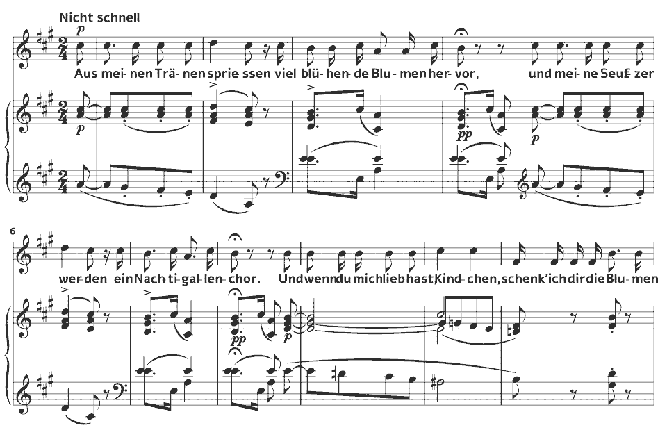 Die ersten Takte von Op.48 Dichterliebe: Aus meinen Tränen sprießen von Robert Schumann in Notenschrift.