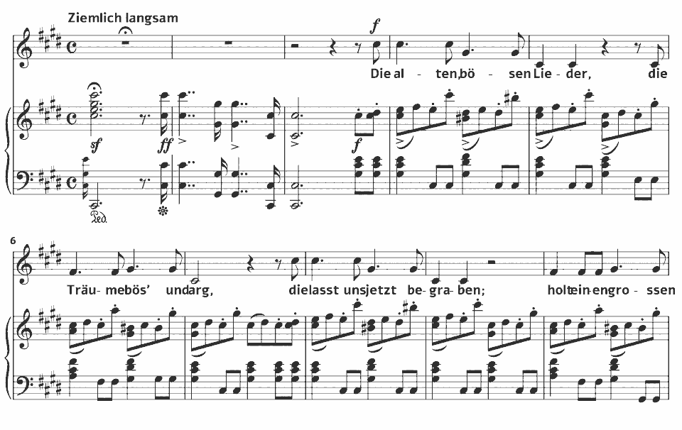 The opening bars of Op.48 Dichterliebe: bösen Lieder Die alten by Robert Schumann in music notation.