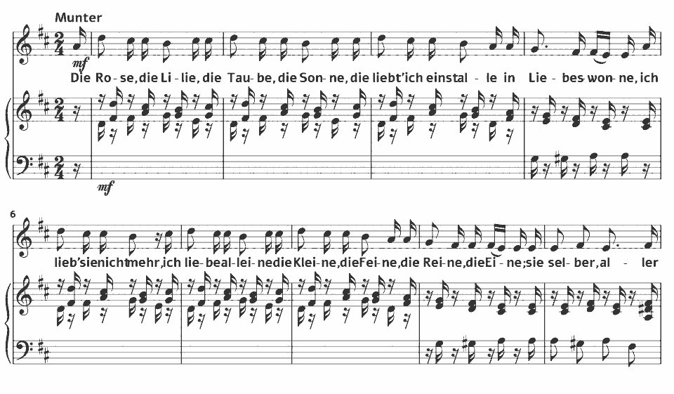 Die ersten Takte von Op.48 Dichterliebe: die Lilie Die Rose von Robert Schumann in Notenschrift.