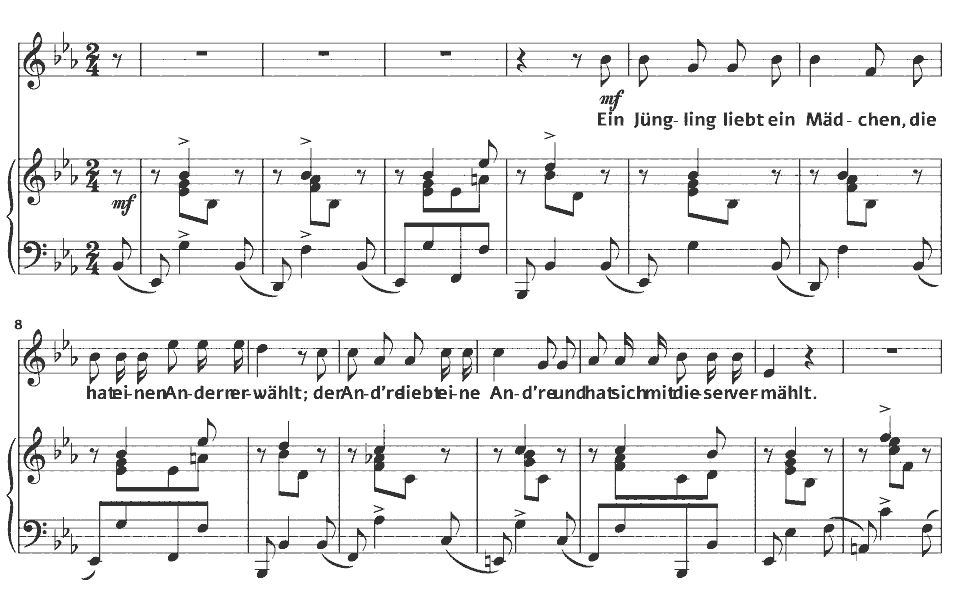 Die ersten Takte von Op.48 Dichterliebe: Ein Jüngling liebt ein Mädchen von Robert Schumann in Notenschrift.