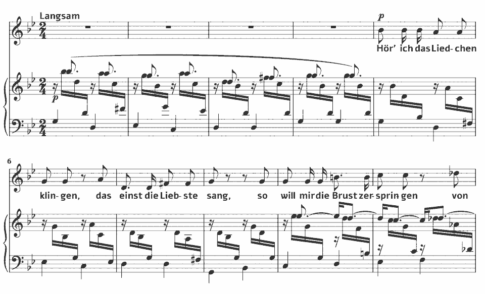 The opening bars of Op.48 Dichterliebe: Hör’ ich das Liedchen klingen by Robert Schumann in music notation.