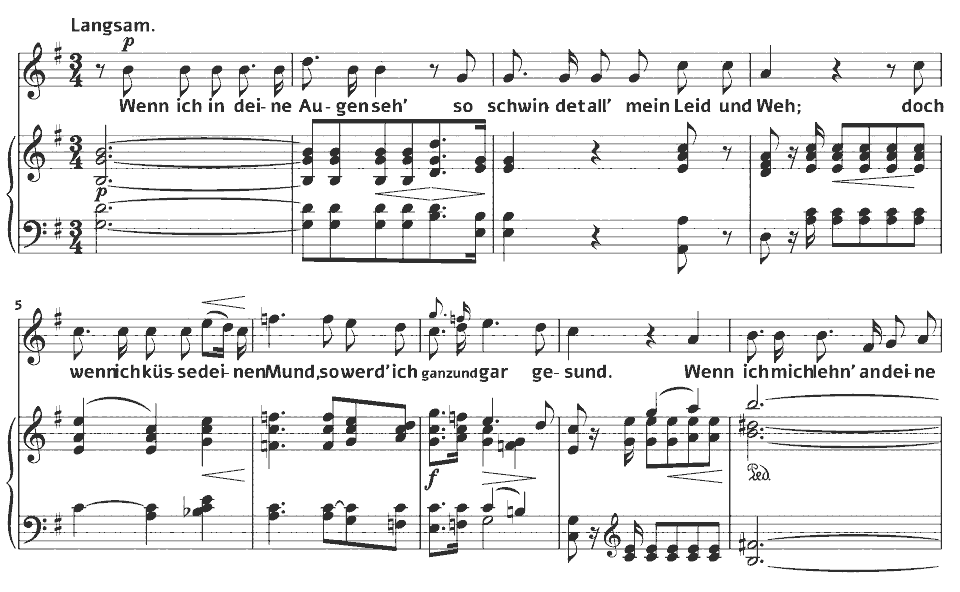 Die ersten Takte von Op.48 Dichterliebe: Wenn ich in deine Augen seh’ von Robert Schumann in Notenschrift.