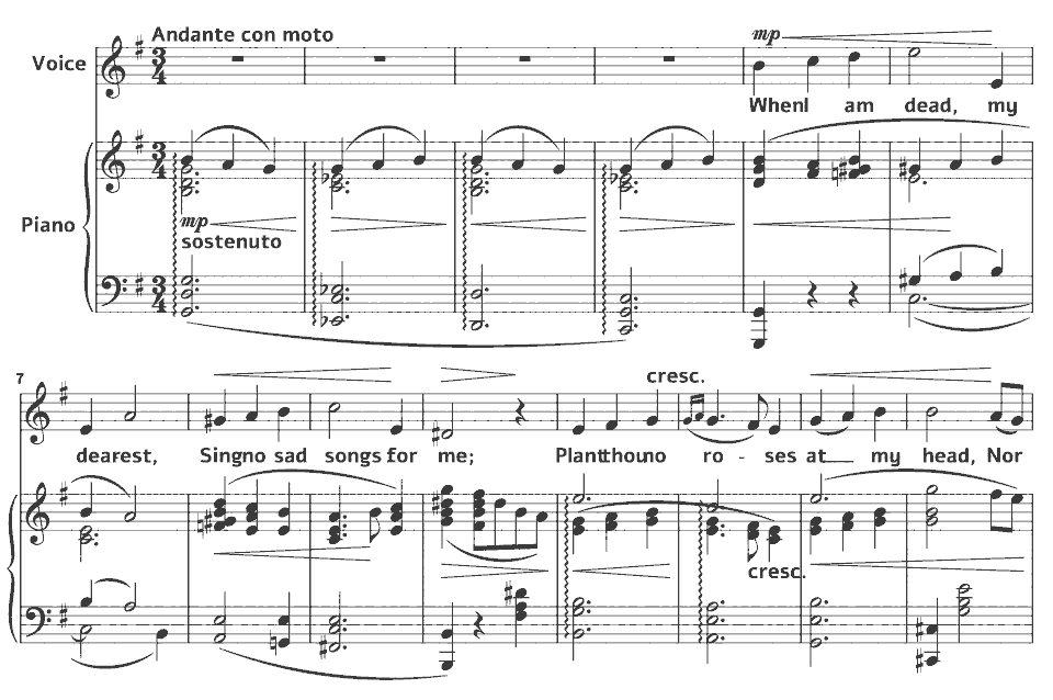 Die ersten Takte von Op.57 Sorrow Songs: my dearest When I am dead von Samuel Coleridge-Taylor in Notenschrift.