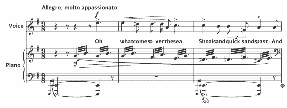 The opening bars of Op.57 Sorrow Songs: Oh what comes over the Sea by Samuel Coleridge-Taylor in music notation.