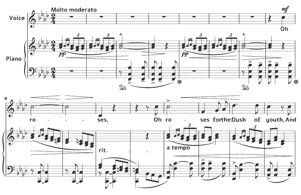 Die ersten Takte von Op.57 Sorrow Songs: Roses for the flush of youth Oh von Samuel Coleridge-Taylor in Notenschrift.