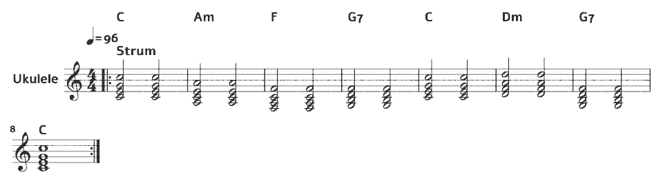 Die ersten Takte von Ukulele Chord Étude in Notenschrift.