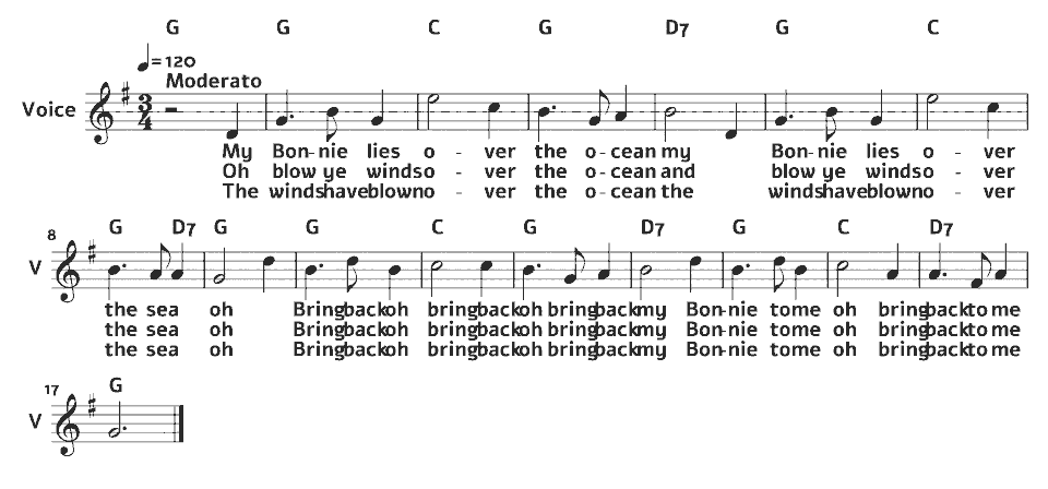 Die ersten Takte von My Bonnie Lies Over the Ocean von Scottish traditional (arr.) in Notenschrift.