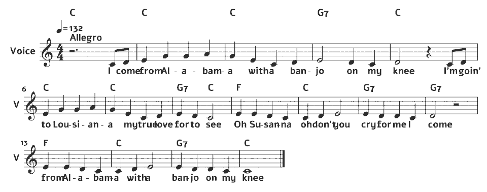 The opening bars of Oh! Susanna by Stephen Foster (arr.) in music notation.