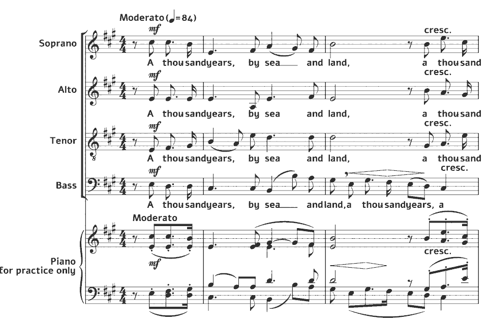 Die ersten Takte von Choral Songs in Honour of Her Majesty Queen Victoria: by sea and land A thousand years von Walter Parratt in Notenschrift.