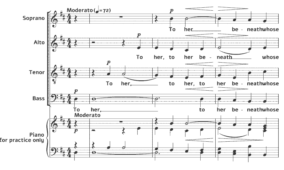 Die ersten Takte von Choral Songs in Honour of Her Majesty Queen Victoria: To her beneath whose stedfast star von Walter Parratt in Notenschrift.