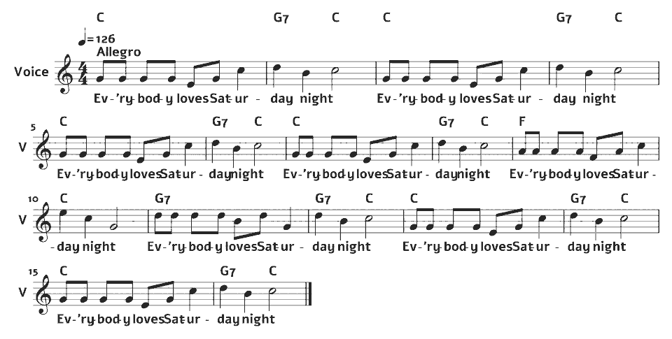 Die ersten Takte von Everybody Loves Saturday Night von West African traditional (arr.) in Notenschrift.