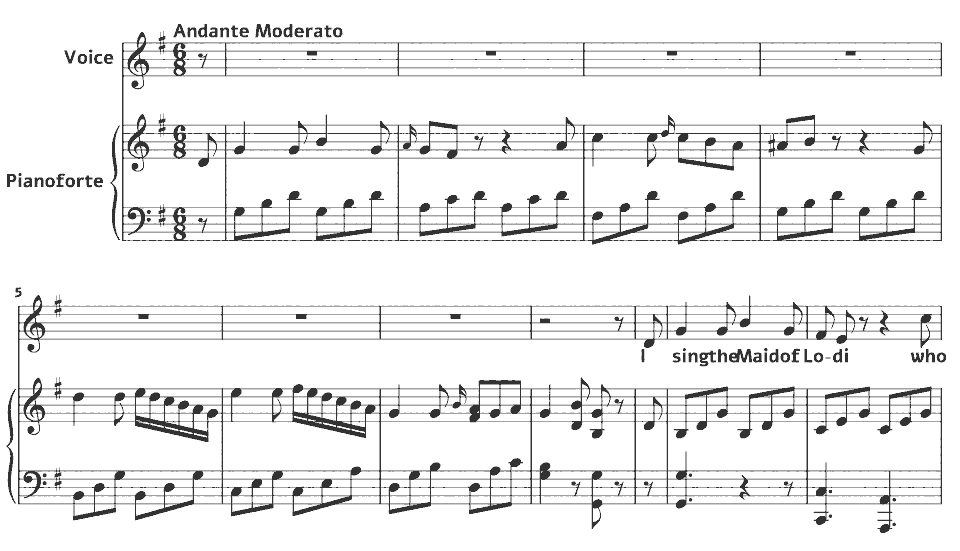 The opening bars of The Maid of Lodi by William Shield in music notation.
