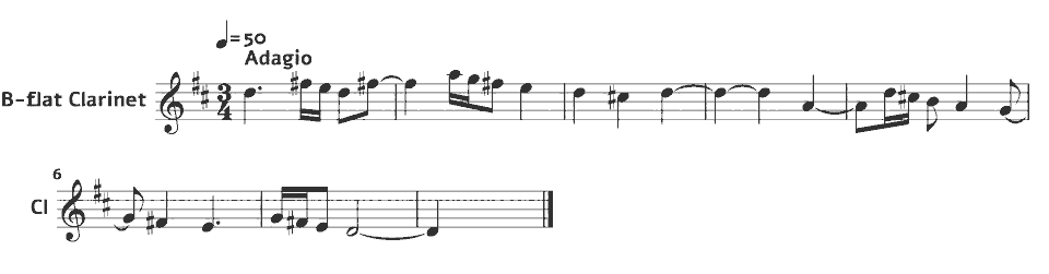 Die ersten Takte von Clarinet Concerto in A, K.622 (Adagio theme) von Wolfgang Amadeus Mozart (arr.) in Notenschrift.