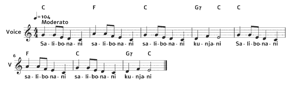 The opening bars of Salibonani by Zimbabwean traditional (arr.) in music notation.