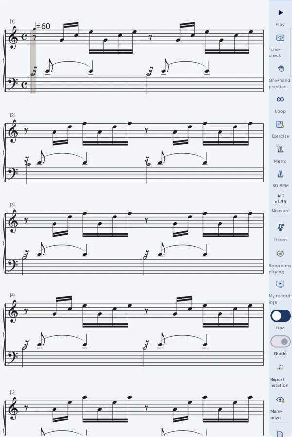 A score open in Scoreflection with the control rail out beside the music: play, tune-check, one-hand practice, loop, exercise, metronome, listen and record.