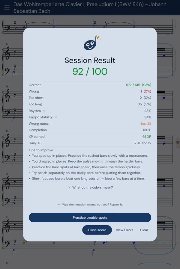 A finished session on Bach's Prelude I scored 92 out of 100: 572 of 615 notes correct, 1 wrong, 2 too short, 35 held too long, a wrong note in bar 33, and tips on what to fix.