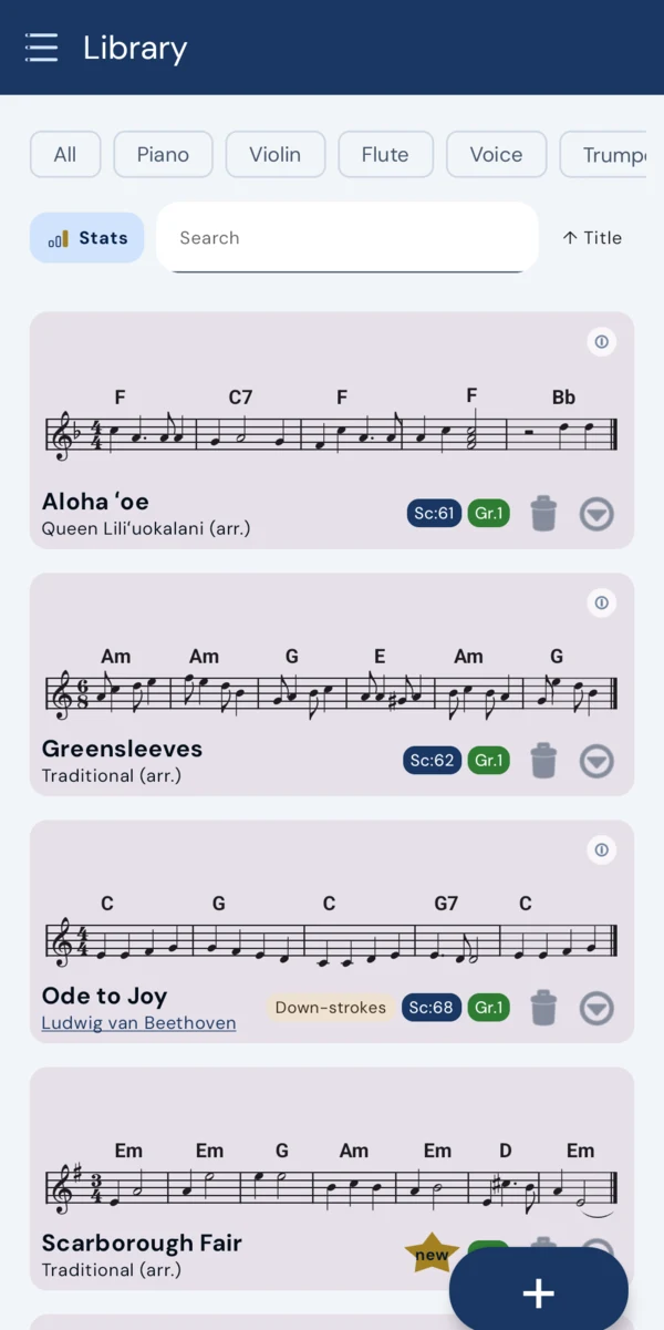 The score library listing pieces as cards, each with its first line of notation, with a round + button in the bottom-right corner.