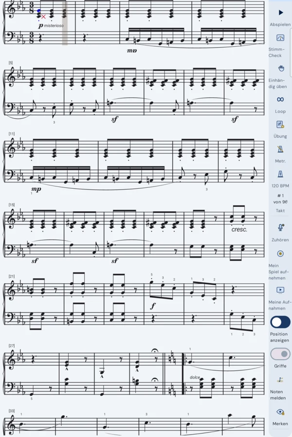 Ein Klavierstück füllt den Bildschirm, am rechten Rand eine schmale Leiste mit Bedienelementen: Abspielen, Stimm-Check, Einhändig üben, Loop, Übung, Metr., 120 BPM, Takt, Zuhören, Mein Spiel aufnehmen, Meine Aufnahmen, Position anzeigen, Griffe, Noten melden und Merken.
