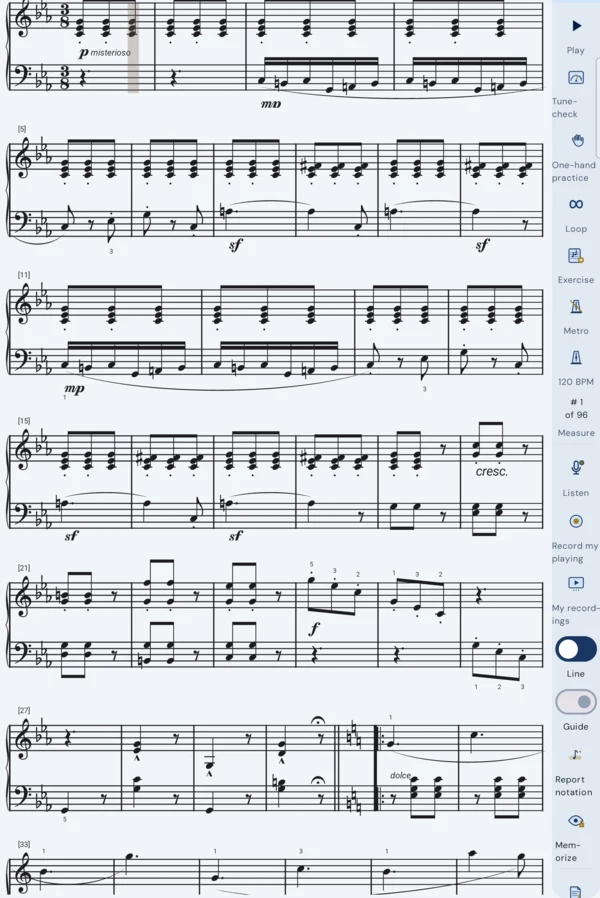 A piano score filling the screen, with a narrow strip of controls down the right-hand edge: Play, Tune-check, One-hand practice, Loop, Exercise, Metro, 120 BPM, Measure, Listen, Record my playing, My recordings, Line, Guide, Report notation and Memorize.