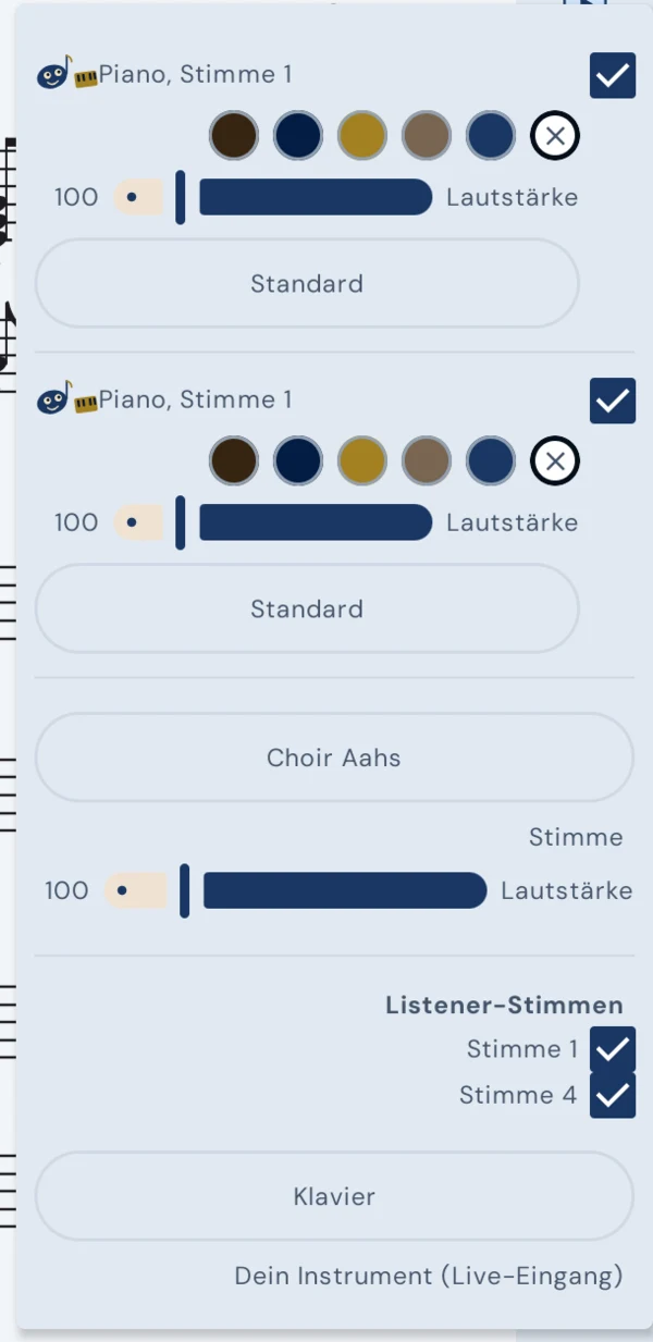 Das Feld Stimmen und Klang. Zwei Zeilen mit der Überschrift Piano, Stimme 1, jede mit Kontrollkästchen, fünf Farbfeldern, einem Lautstärkeregler auf 100 und einer Instrumentenschaltfläche mit der Aufschrift Standard. Darunter eine Stimme Choir Aahs, eine Liste der Listener-Stimmen und das Live-Eingabeinstrument auf Klavier.